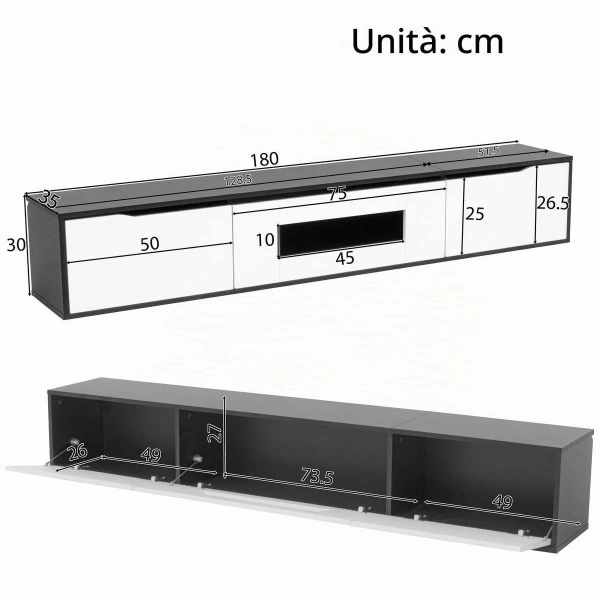ModernLuxe Mobile Porta TV Lucido 180 cm, Nero e Bianco con Illuminazione a LED e Porta USB, Moderno Mobile TV da Parete per il Soggiorno
