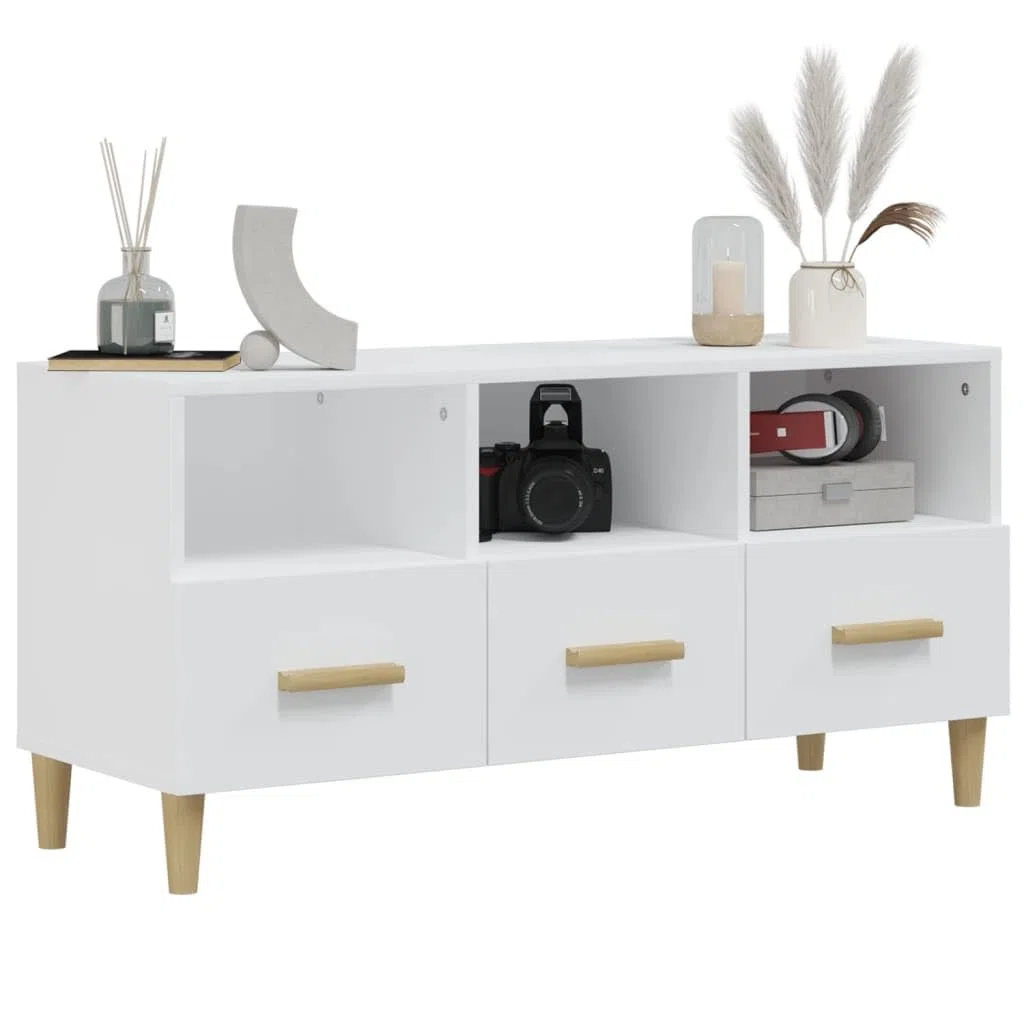 Mobile TV moderno bianco lucido 102 x 36 x 50 cm in plastica a base di legno, con cassetti e ripiani per riporre i tuoi dispositivi multimediali.
