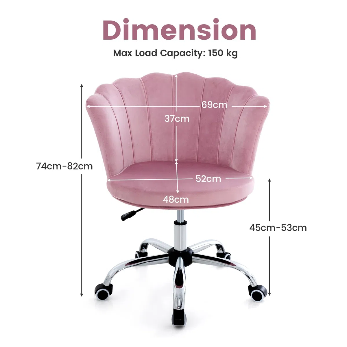 HOMASIS Sedia Ufficio Ergonomica con Schienale a Forma di Conchiglia, Poltrona Salotto con Ruote e Regolabile in Altezza, Poltrona Imbottita in Velluto, Portata di 150 kg (Rosa)