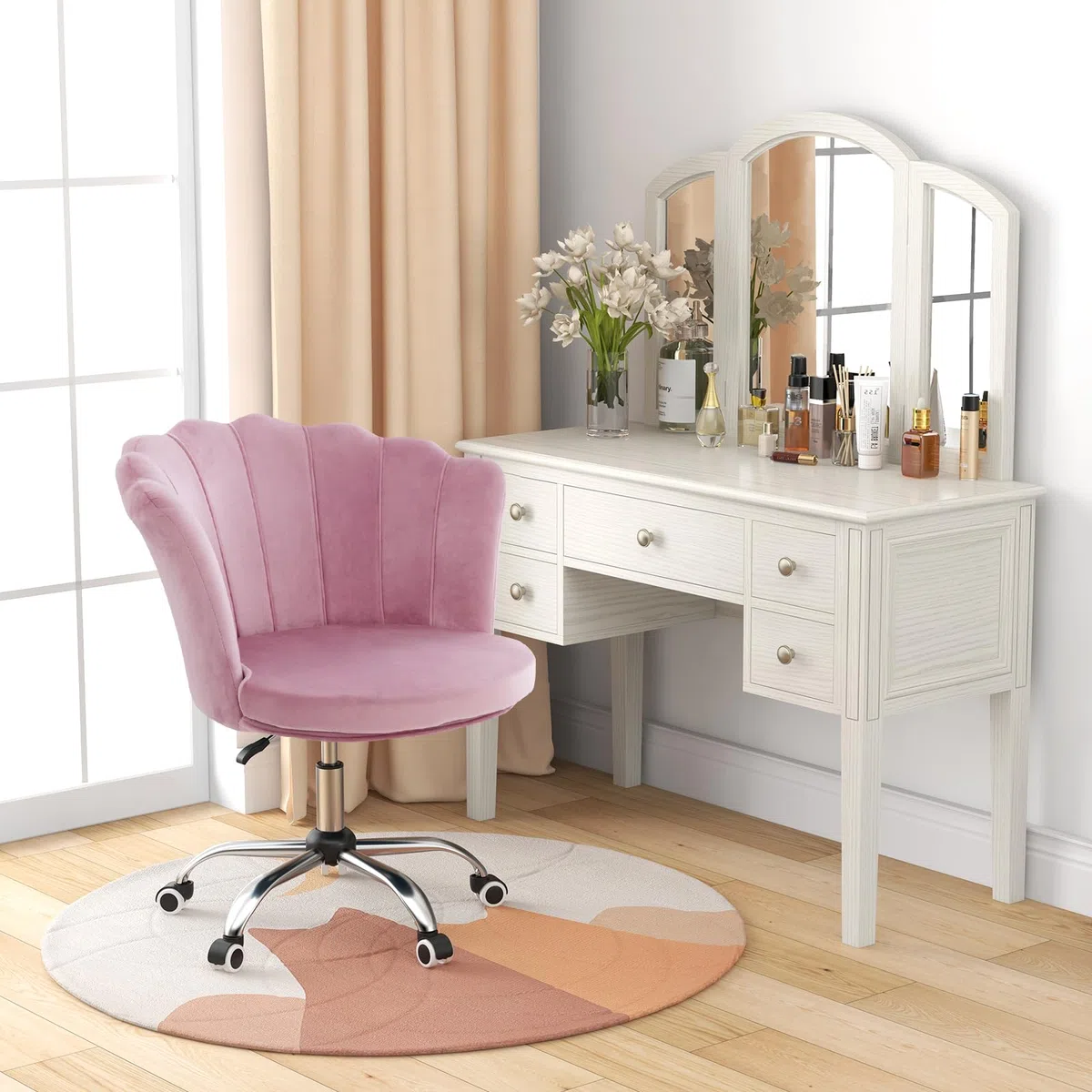 HOMASIS Sedia Ufficio Ergonomica con Schienale a Forma di Conchiglia, Poltrona Salotto con Ruote e Regolabile in Altezza, Poltrona Imbottita in Velluto, Portata di 150 kg (Rosa)