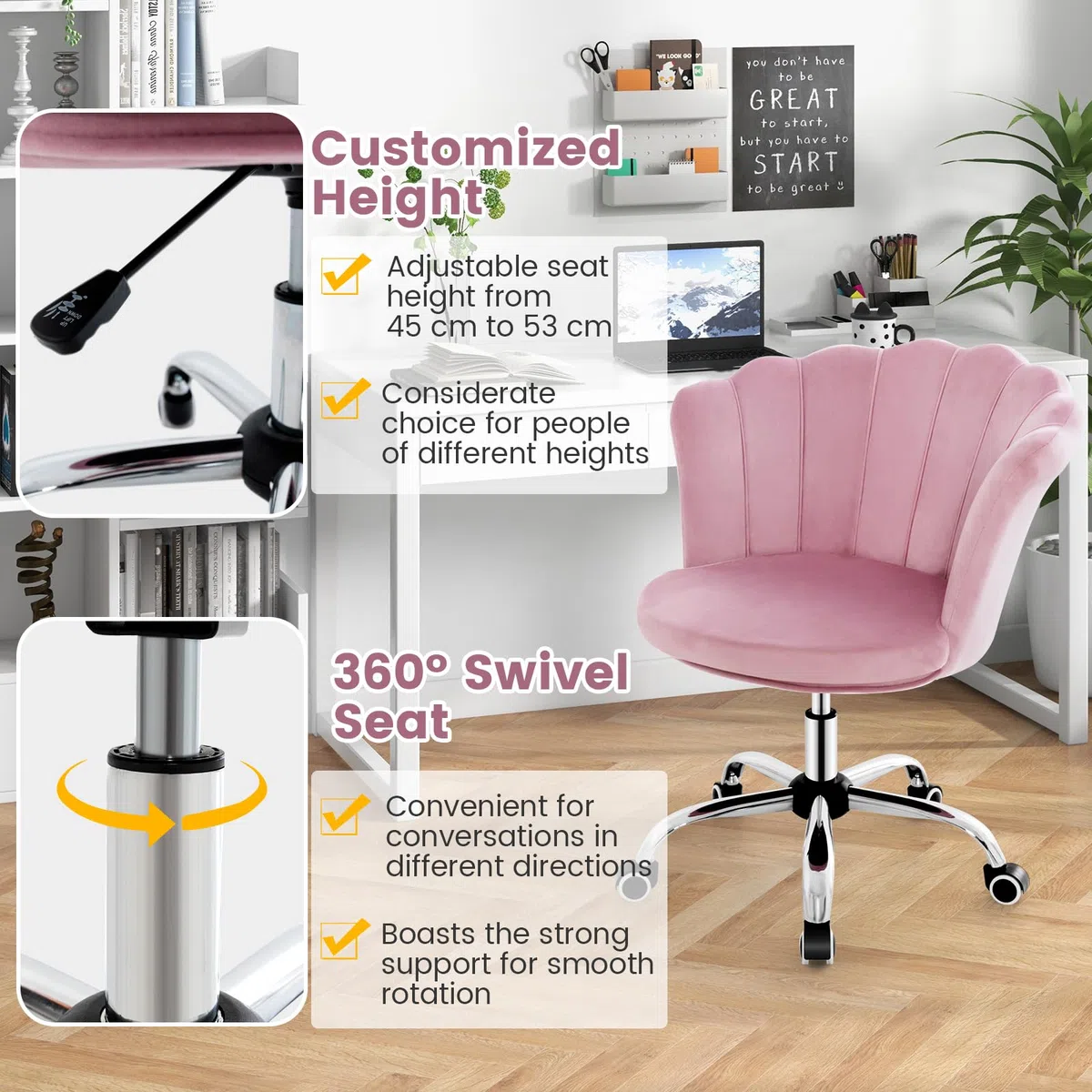 HOMASIS Sedia Ufficio Ergonomica con Schienale a Forma di Conchiglia, Poltrona Salotto con Ruote e Regolabile in Altezza, Poltrona Imbottita in Velluto, Portata di 150 kg (Rosa)