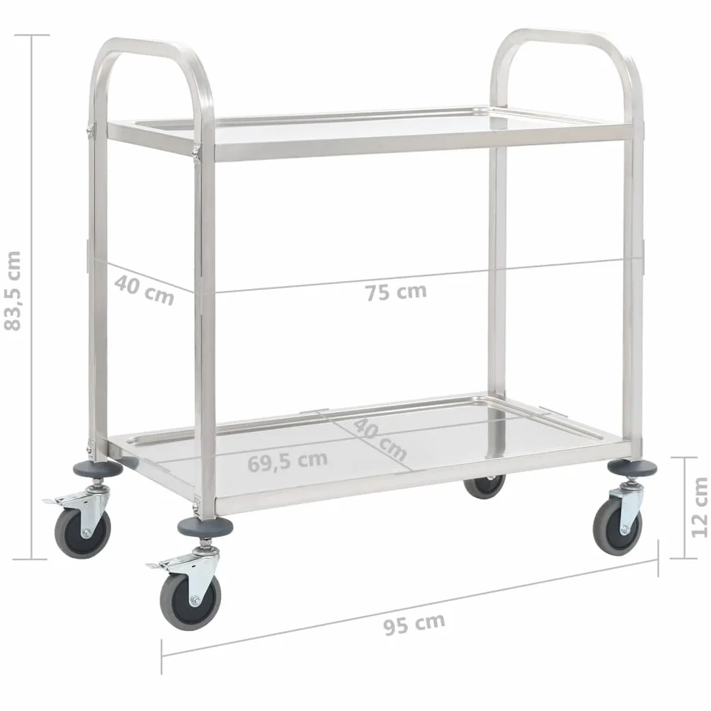 Carrello da portata in acciaio inox, 95 x 45 x 83,5 cm, carrello da cucina a 2 livelli con 2 livelli, ruote scorrevoli con freni, telaio stabile per cibi e bevande
