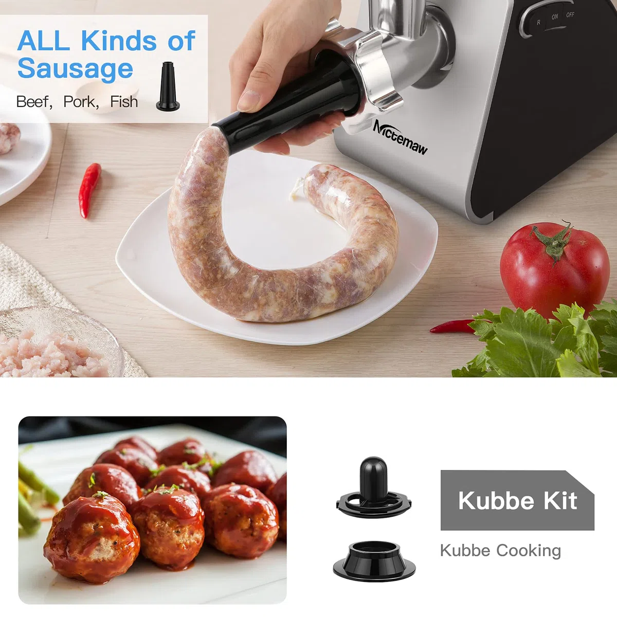 COOCHEER Tritacarne elettrico, Multifunzione Tritacarne Tritatutto 5 IN 1 con 3 dischi forati, 4 lame, accessori per salsicce e kibbe per cucina domestica& carne