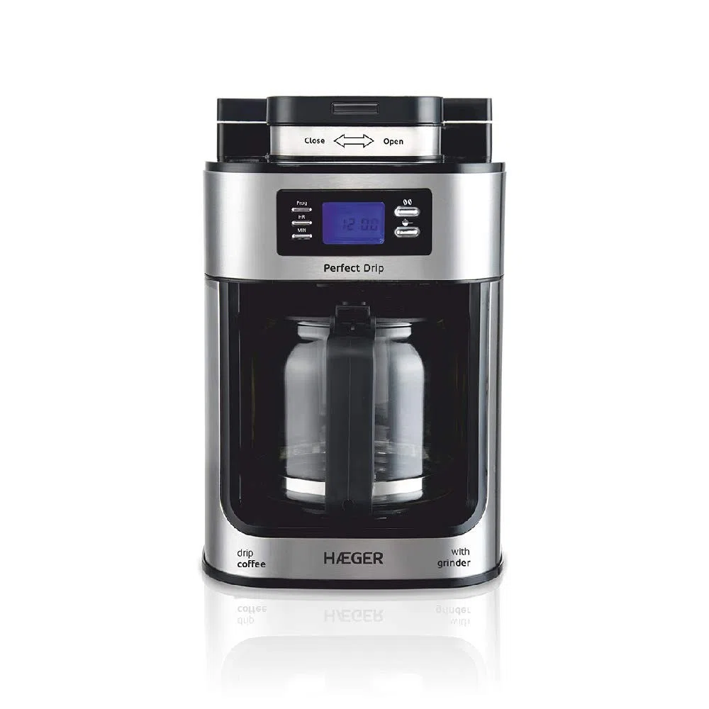 HAEGER Drip - Macchina da caffè a goccia automatica con smerigliatrice, 1050 W, capacità: 1,2 l, piastra riscaldata per mantenere caldo, capacità di macinino: 60 g, schermo LCD, timer 24 ore