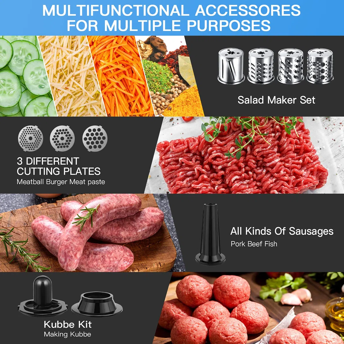 COOCHEER Tritacarne elettrico, Multifunzione Tritacarne Tritatutto 5 IN 1 con 3 dischi forati, 4 lame, accessori per salsicce e kibbe per cucina domestica& carne