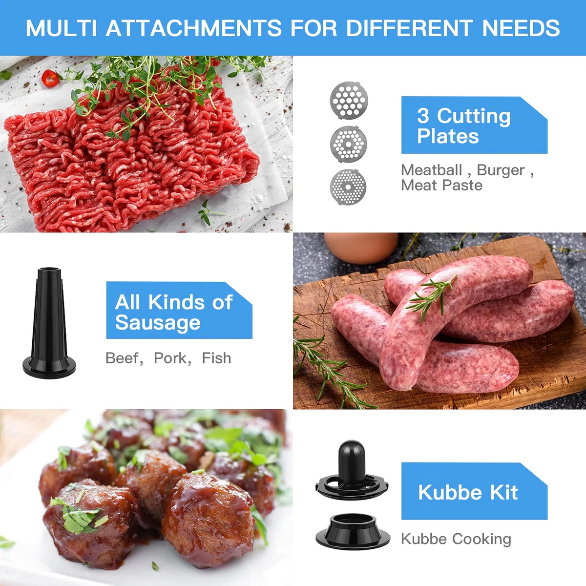COOCHEER Tritacarne elettrico, Multifunzione Tritacarne Tritatutto 5 IN 1 con 3 dischi forati, 4 lame, accessori per salsicce e kibbe per cucina domestica& carne