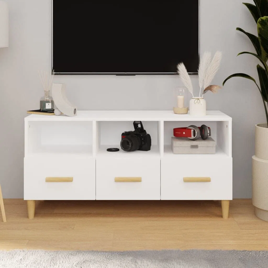 Mobile TV moderno bianco lucido 102 x 36 x 50 cm in plastica a base di legno, con cassetti e ripiani per riporre i tuoi dispositivi multimediali.