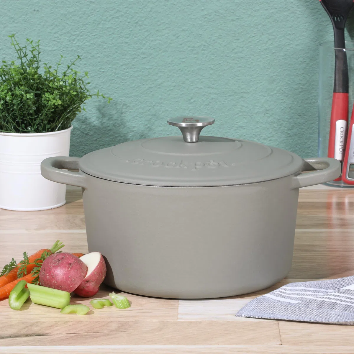 Crock Pot Artisan - Pentola da forno olandese rotonda in ghisa, con coperchio, colore: verde opaco