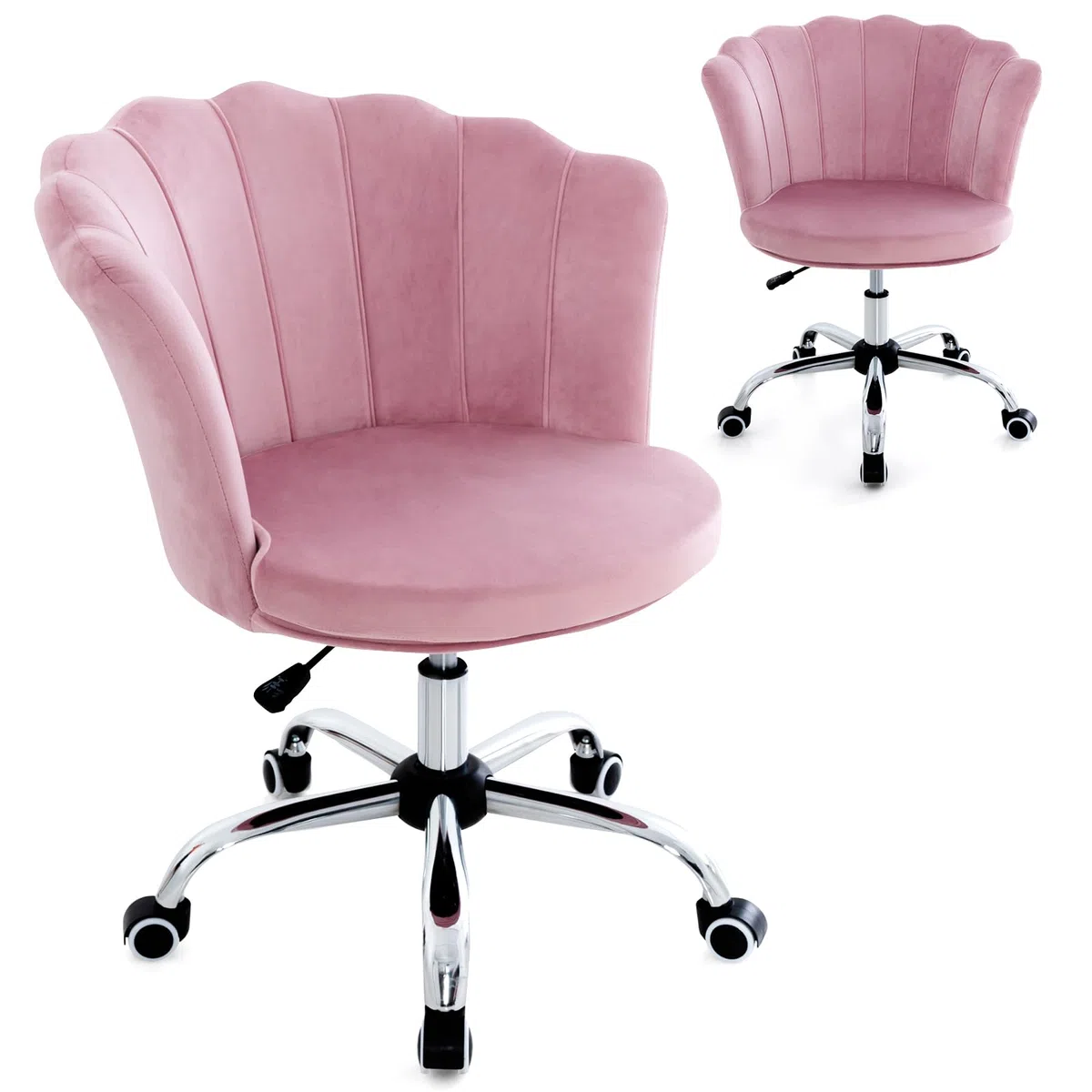 HOMASIS Sedia Ufficio Ergonomica con Schienale a Forma di Conchiglia, Poltrona Salotto con Ruote e Regolabile in Altezza, Poltrona Imbottita in Velluto, Portata di 150 kg (Rosa)