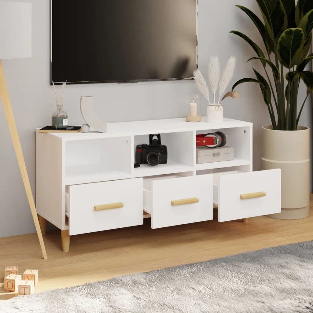 Mobile TV moderno bianco lucido 102 x 36 x 50 cm in plastica a base di legno, con cassetti e ripiani per riporre i tuoi dispositivi multimediali.