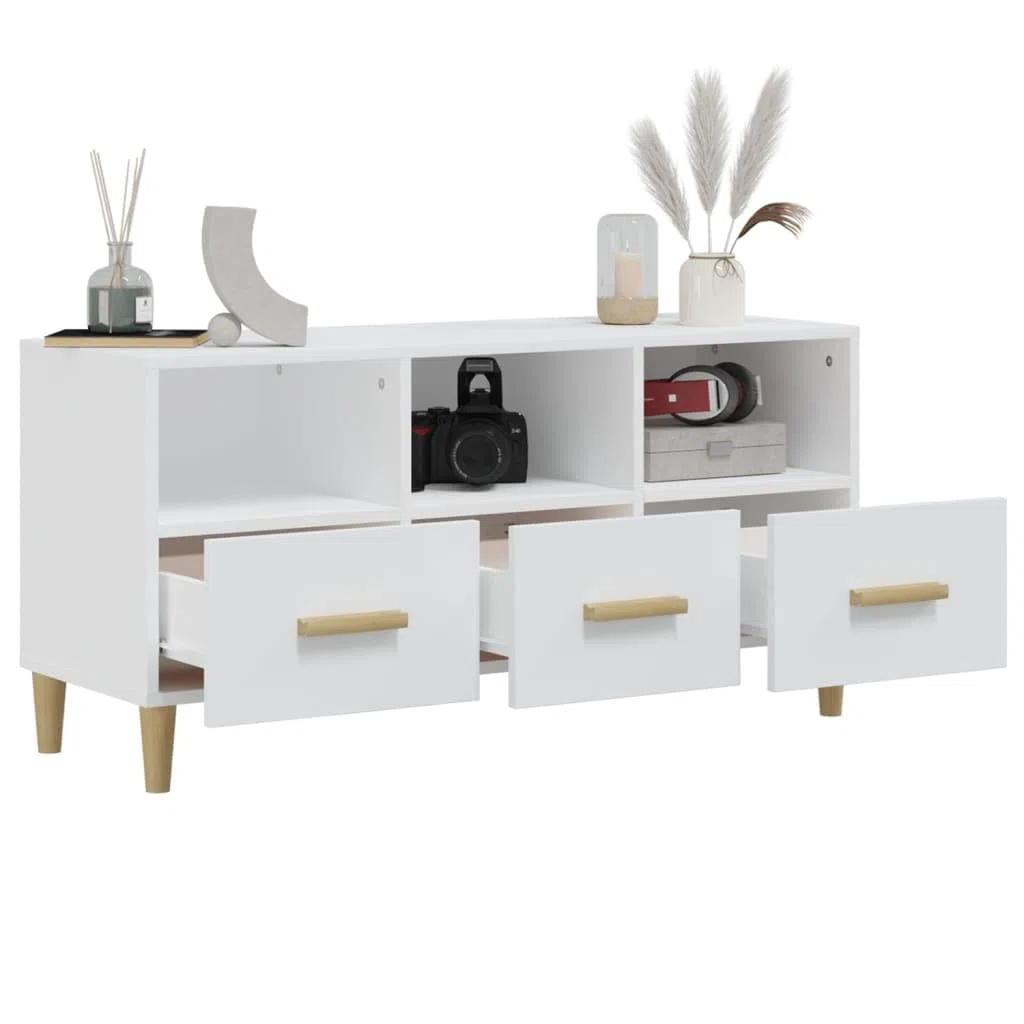 Mobile TV moderno bianco lucido 102 x 36 x 50 cm in plastica a base di legno, con cassetti e ripiani per riporre i tuoi dispositivi multimediali.