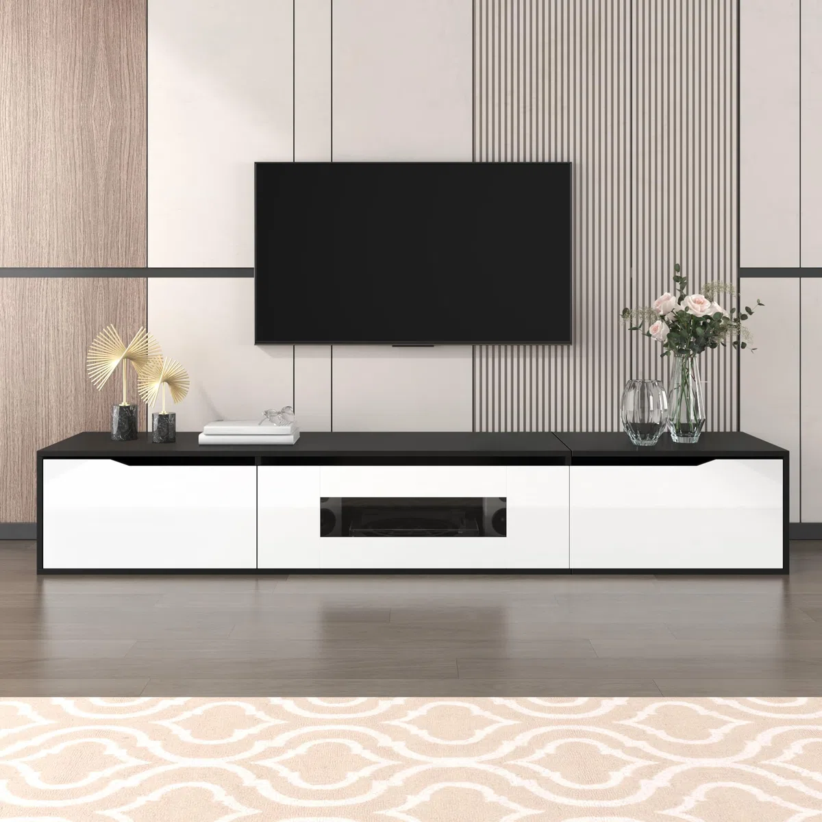 ModernLuxe Mobile Porta TV Lucido 180 cm, Nero e Bianco con Illuminazione a LED e Porta USB, Moderno Mobile TV da Parete per il Soggiorno