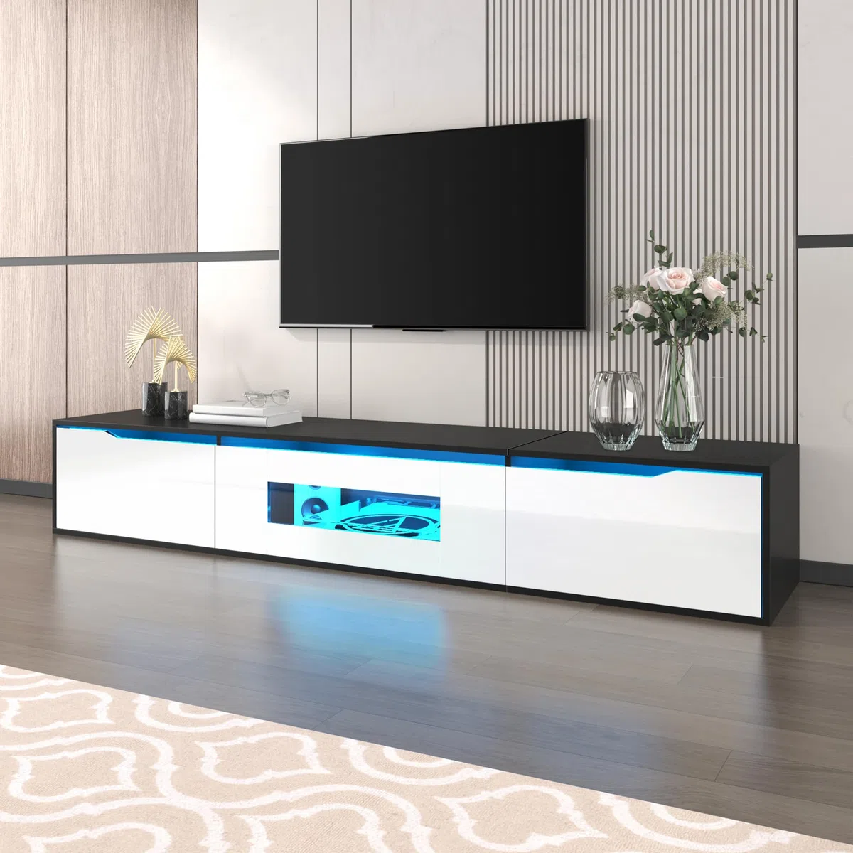ModernLuxe Mobile Porta TV Lucido 180 cm, Nero e Bianco con Illuminazione a LED e Porta USB, Moderno Mobile TV da Parete per il Soggiorno