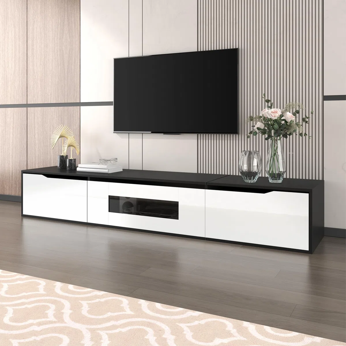 ModernLuxe Mobile Porta TV Lucido 180 cm, Nero e Bianco con Illuminazione a LED e Porta USB, Moderno Mobile TV da Parete per il Soggiorno