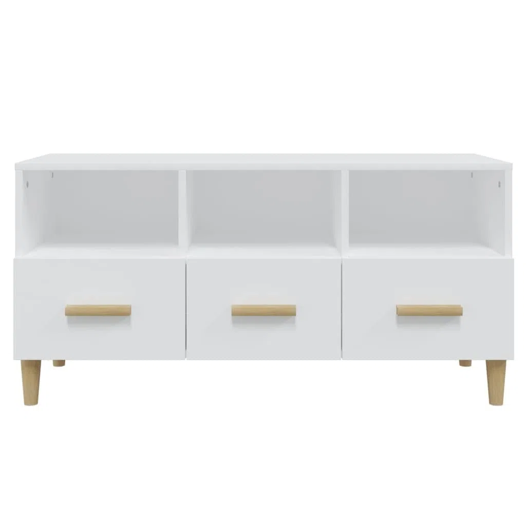 Mobile TV moderno bianco lucido 102 x 36 x 50 cm in plastica a base di legno, con cassetti e ripiani per riporre i tuoi dispositivi multimediali.