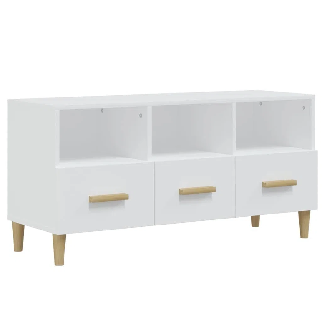Mobile TV moderno bianco lucido 102 x 36 x 50 cm in plastica a base di legno, con cassetti e ripiani per riporre i tuoi dispositivi multimediali.