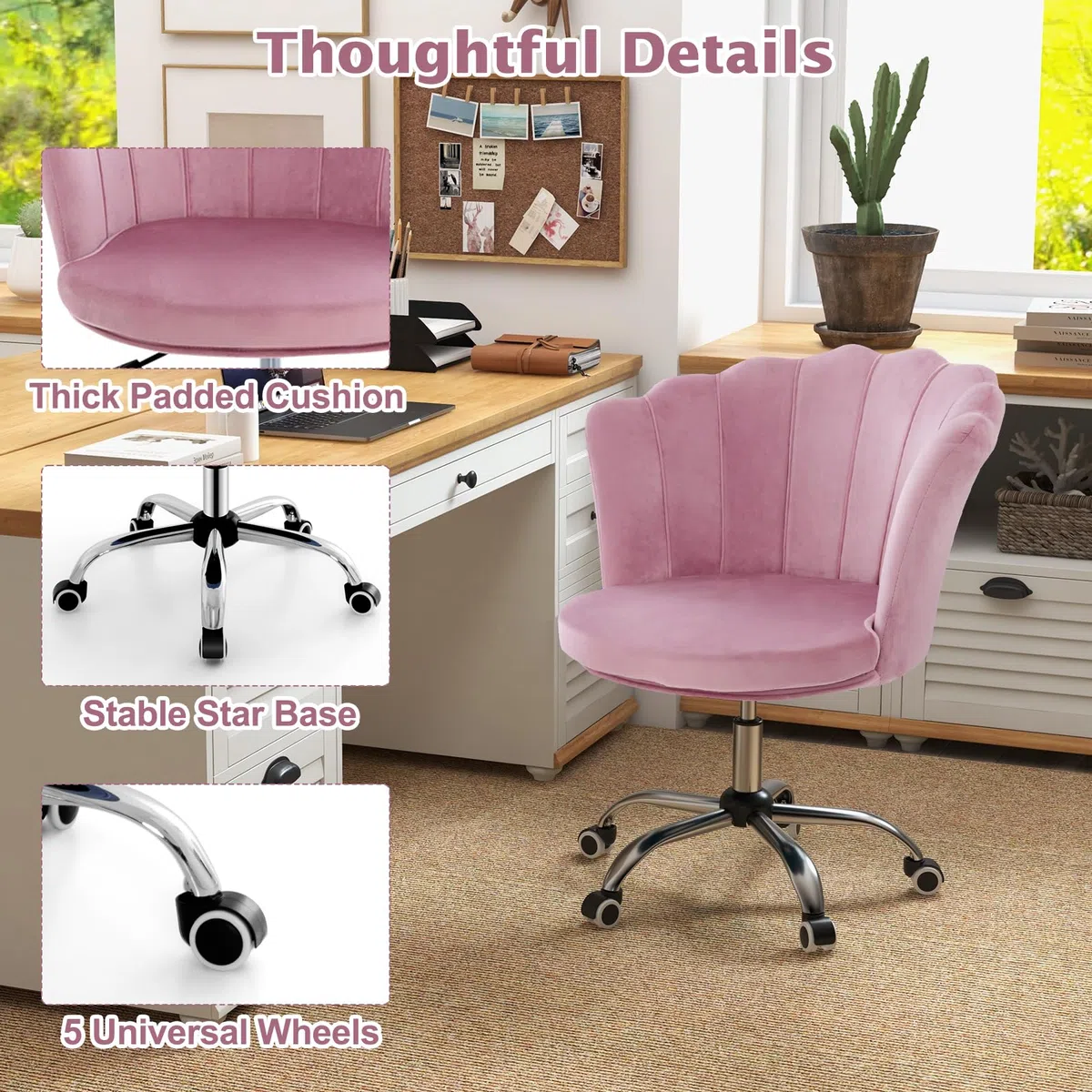 HOMASIS Sedia Ufficio Ergonomica con Schienale a Forma di Conchiglia, Poltrona Salotto con Ruote e Regolabile in Altezza, Poltrona Imbottita in Velluto, Portata di 150 kg (Rosa)