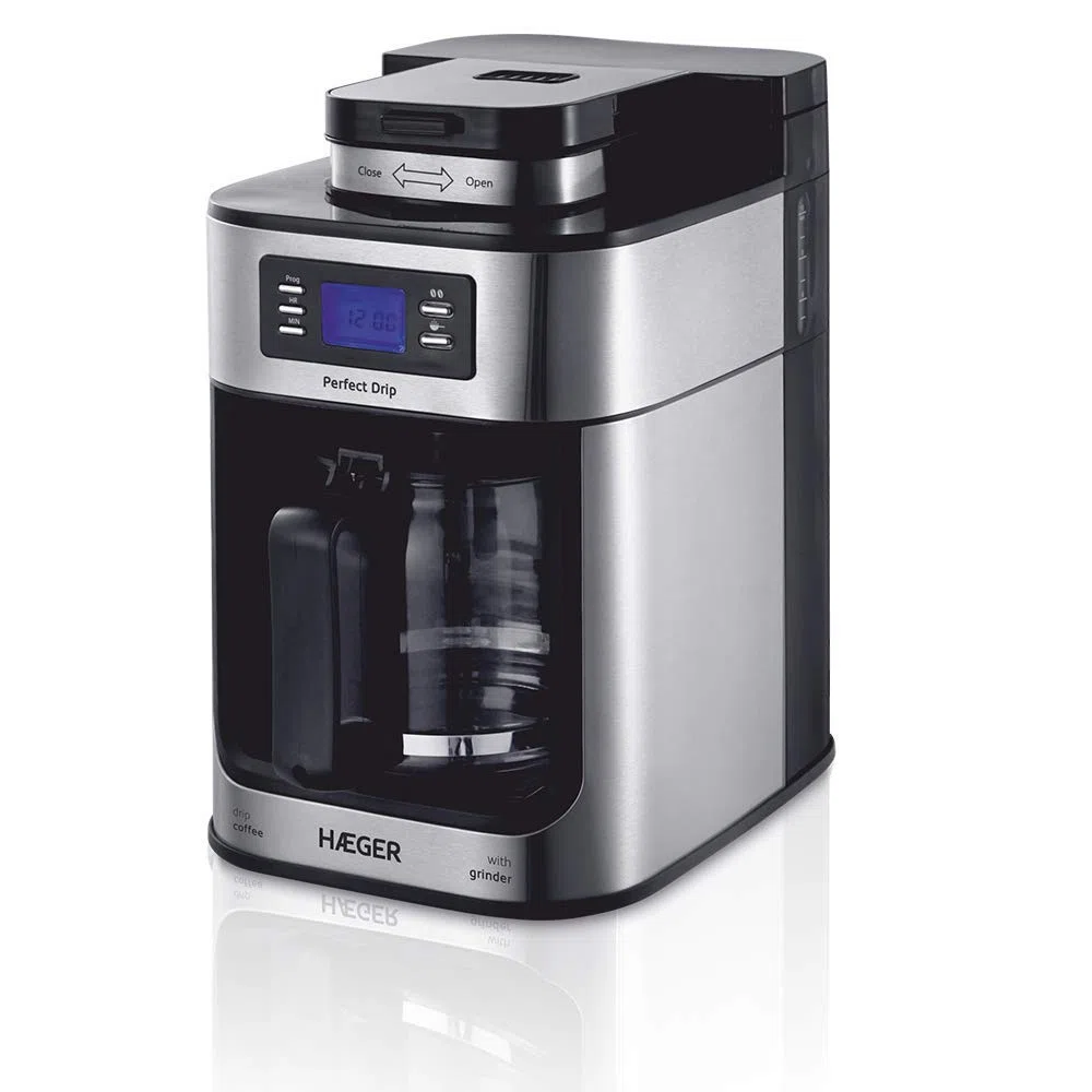 HAEGER Drip - Macchina da caffè a goccia automatica con smerigliatrice, 1050 W, capacità: 1,2 l, piastra riscaldata per mantenere caldo, capacità di macinino: 60 g, schermo LCD, timer 24 ore