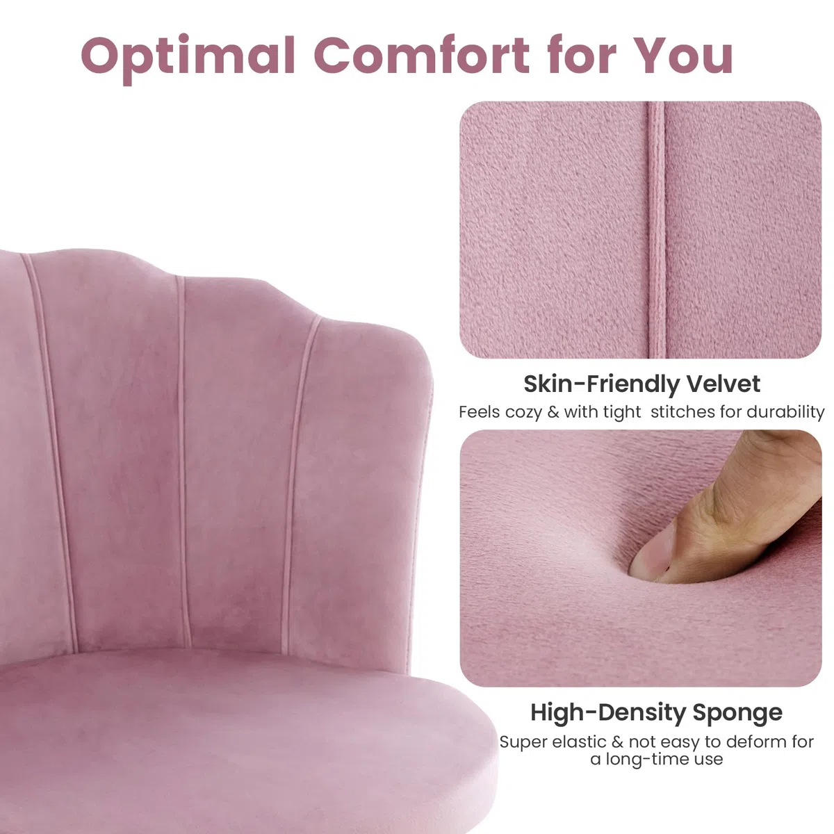 HOMASIS Sedia Ufficio Ergonomica con Schienale a Forma di Conchiglia, Poltrona Salotto con Ruote e Regolabile in Altezza, Poltrona Imbottita in Velluto, Portata di 150 kg (Rosa)