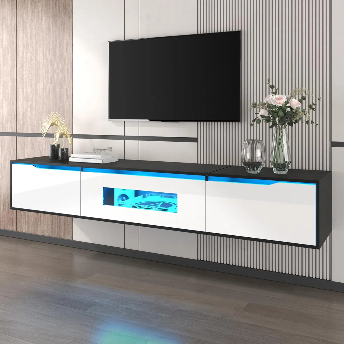 ModernLuxe Mobile Porta TV Lucido 180 cm, Nero e Bianco con Illuminazione a LED e Porta USB, Moderno Mobile TV da Parete per il Soggiorno