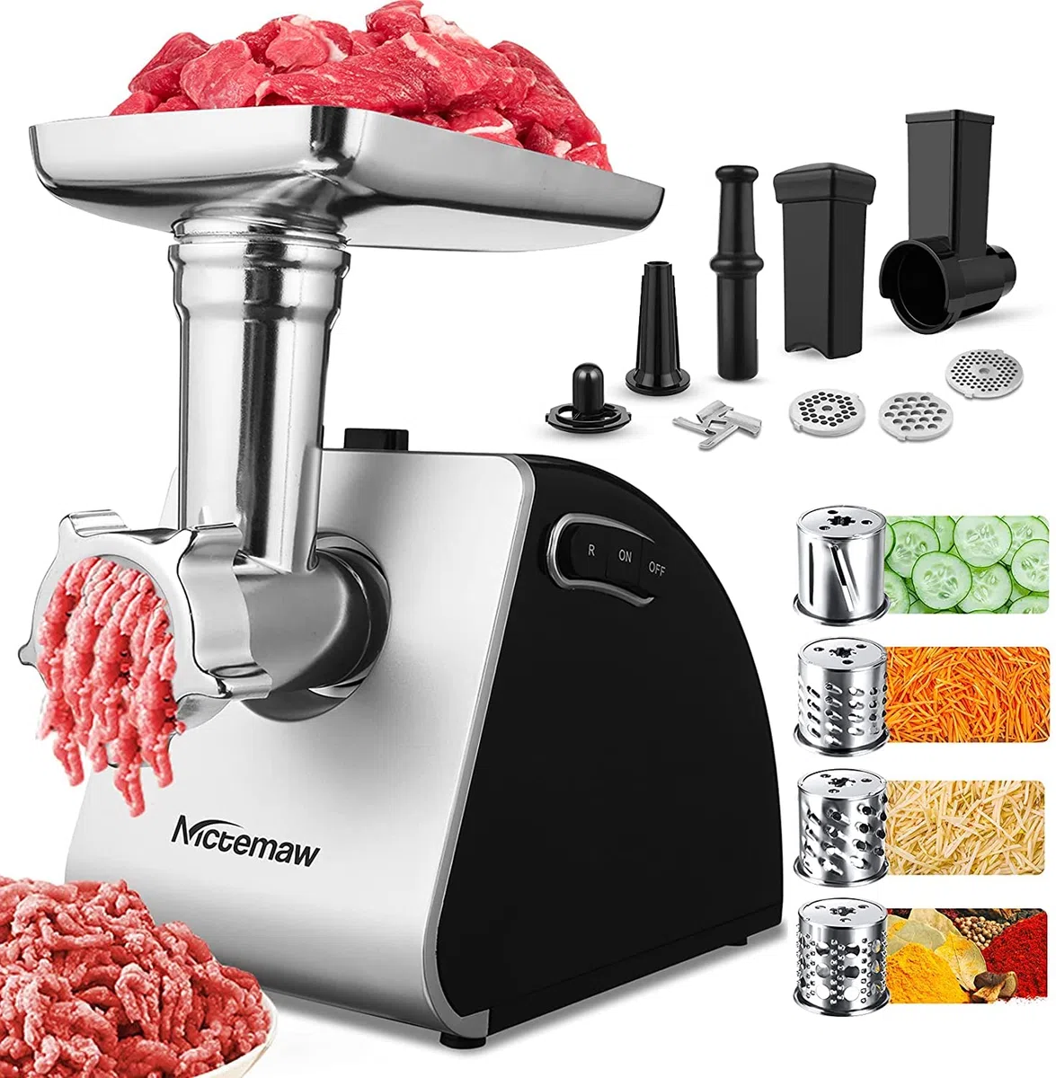 COOCHEER Tritacarne elettrico, Multifunzione Tritacarne Tritatutto 5 IN 1 con 3 dischi forati, 4 lame, accessori per salsicce e kibbe per cucina domestica& carne